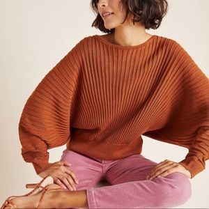 A by Anthropologie Karla Boat Neck Sweater XS Ribbed Dolman Sleeves Burnt Orange